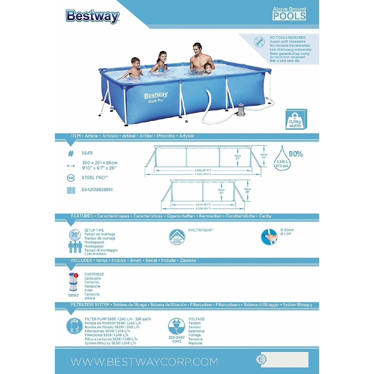 بسين مستطيل قوائم 3×2.01×66سم+ فلتر من bestway thumbnail 6
